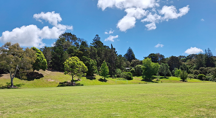 Tahurangi / Crum Park - Section of the upper sports fields with a tree covered hill in the background. Photo credit: T Hodder.