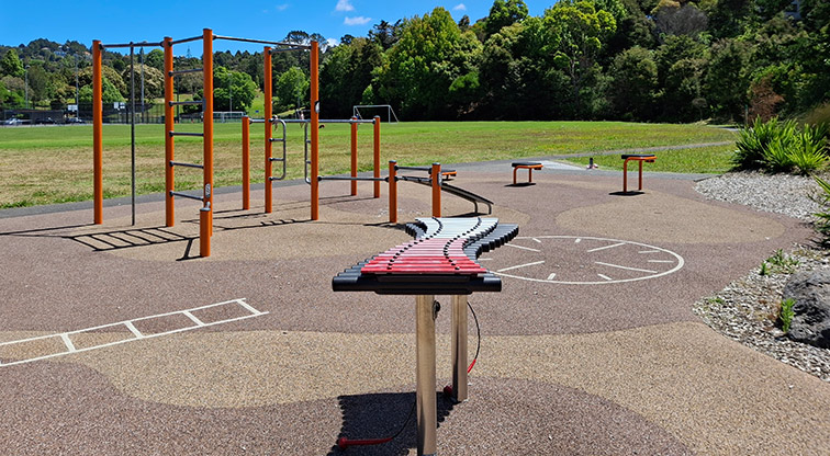 Tahurangi / Crum Park - Interactive xylophone with fitness equipment and open field in the background. Photo credit: T Hodder.