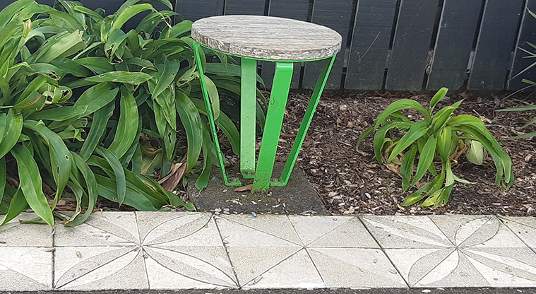 Delphine Close - Small round seat against the fence. Photo credit: S Hulse.