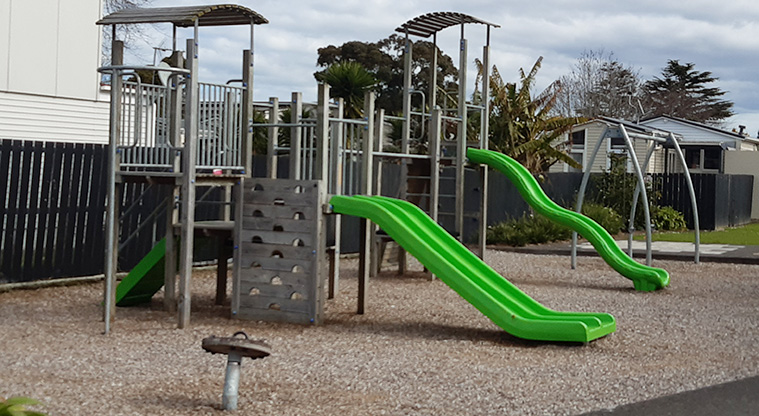 Delphine Close - Playground with climbing towers and bridge, slides, climbing wall, slides, spinning seat, rocker, and swings. Photo credit: S Hulse.