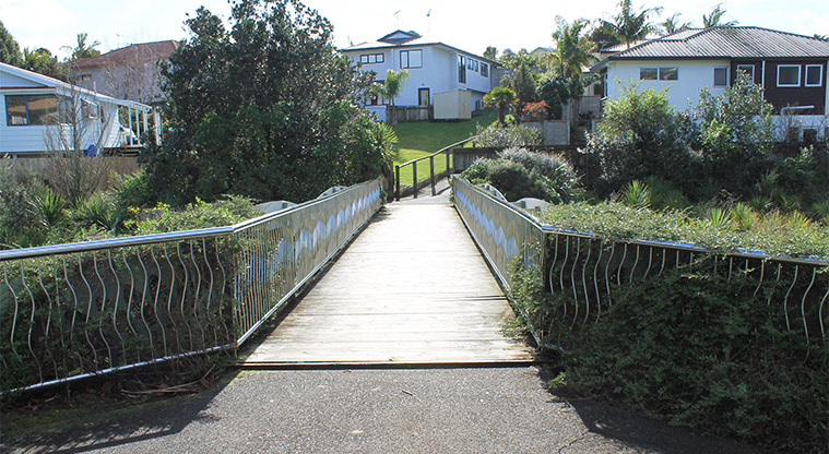 Whenua-roa / D'Oyly Reserve - Bridge by the Knott Road entrance. Photo credit: M Loubser.