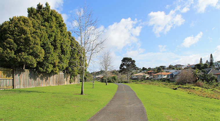 Whenua-roa / D'Oyly Reserve - Section of the walkway with open space and trees. Photo credit: M Loubser.