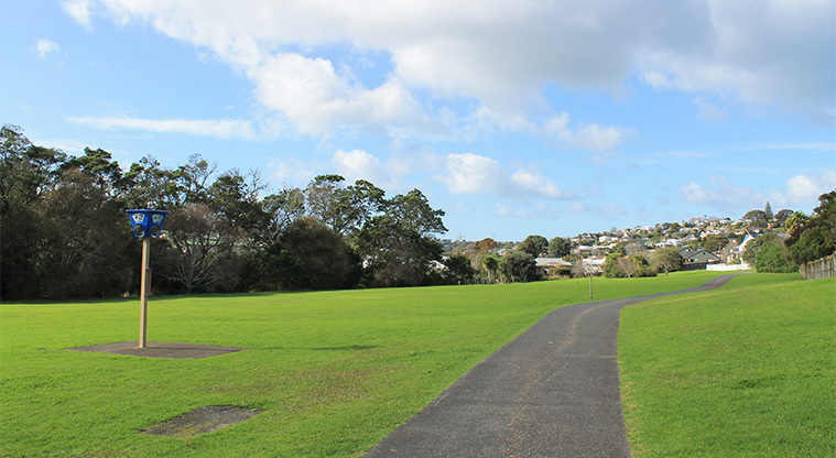 Whenua-roa / D'Oyly Reserve - Section of the walkway with open space and trees. Photo credit: M Loubser.