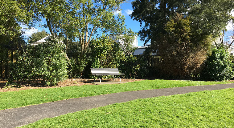 Edendale Reserve - Section of the path and a seat under the trees. Photo credit: S Hulse.