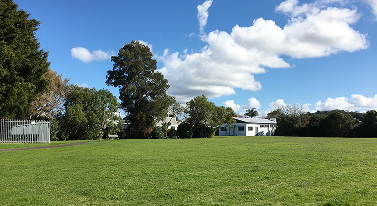 Edendale Reserve - Sports field with trees and buildings in the background. Photo credit: S Hulse.