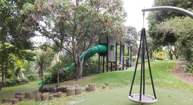 Edenvale Park - Standalone basket swing with the rest of the playground and lots of trees in the background. Photo credit: J Grigg.