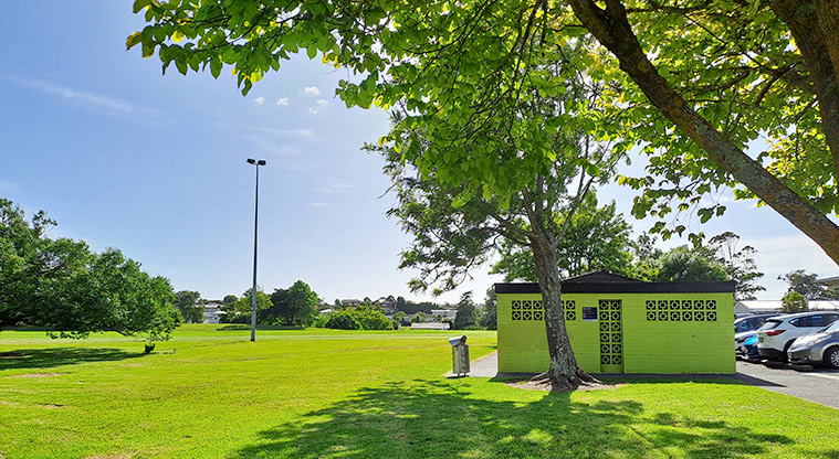 Elm Park - Part of one of the sports fields with the toilets and car park on the right. Photo credit: S Hulse.