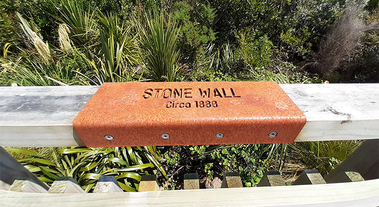 Eric Armishaw Park – Plaque on the rail of the boardwalk says "Stone Wall Circa 1880'.