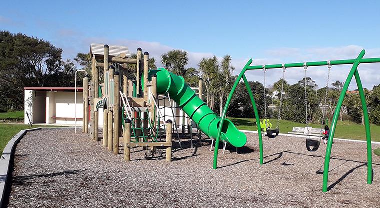 Eric Armishaw Park – Playground with swings, rocker toy, slides, climbing nets and fireman's pole. Toilet block is behind the playground.