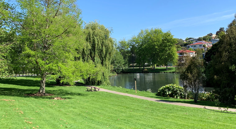 Ernies Reserve - Open grassed space with a section of path and the pond in the background.