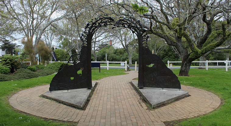 Falls Park - Sculpture near the entrance to the park depicts the historic industry of Henderson, (1998).