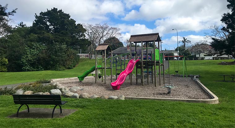 Fowlds Park - Playground containing slides, swings and monkey bars with seating nearby.