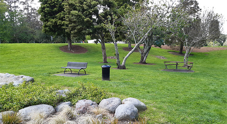 Fowlds Park - Open space with trees, picnic table and seating, and rock garden in the foreground.