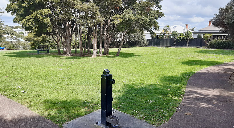 Francis Reserve - Drinking fountain, with open space and trees in the background. Photo credit: T Hodder.