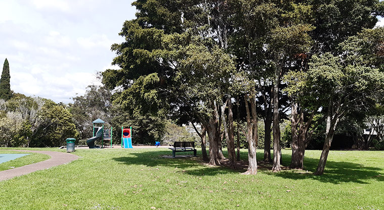 Francis Reserve - Open grassed area with trees and the playground in the background. Photo credit: T Hodder.