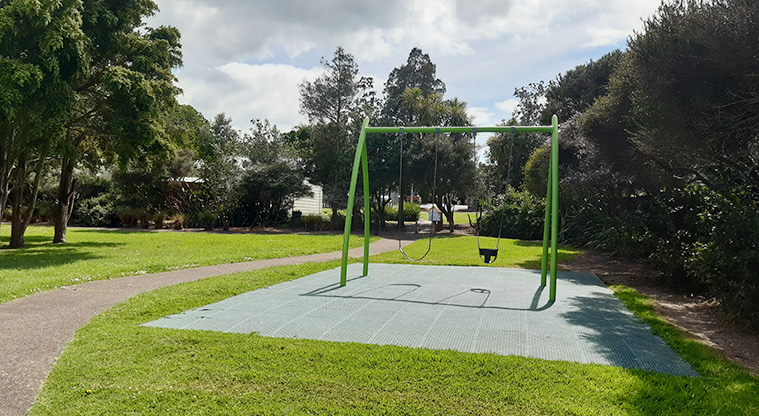 Francis Reserve - The swing set with a path and trees down the left hand side. Photo credit: T Hodder.
