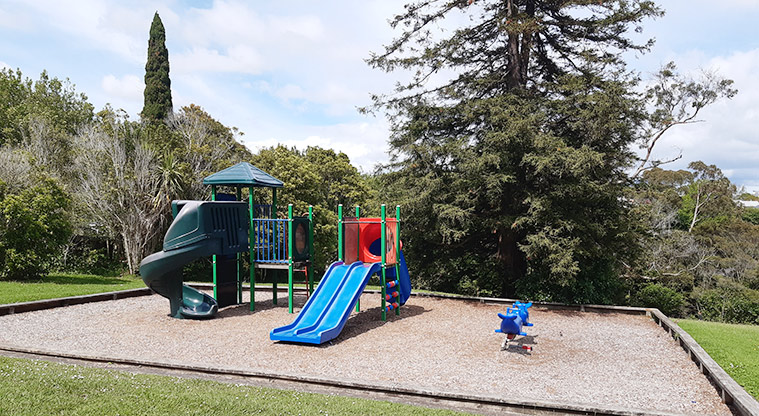 Francis Reserve - Brightly coloured playground with trees in the background. Photo credit: T Hodder.