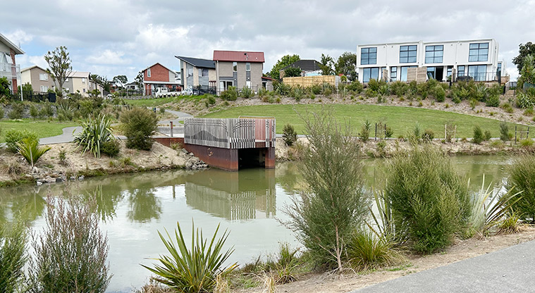Freeland Reserve - Looking across the pond at the lookout platform, with part of the reserve and houses in the background.. Photo credit: S Hulse.