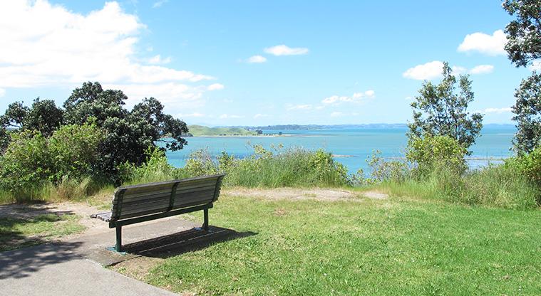Glover Park - Seating area with a view over the Hauraki Gulf.