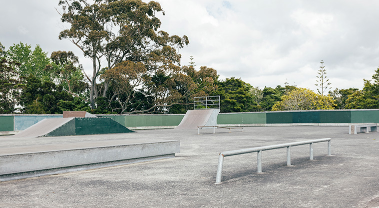 Goodall Reserve - Part of the skate park with a flat rail, grind box and ramps. Photo credit: J Farnworth.