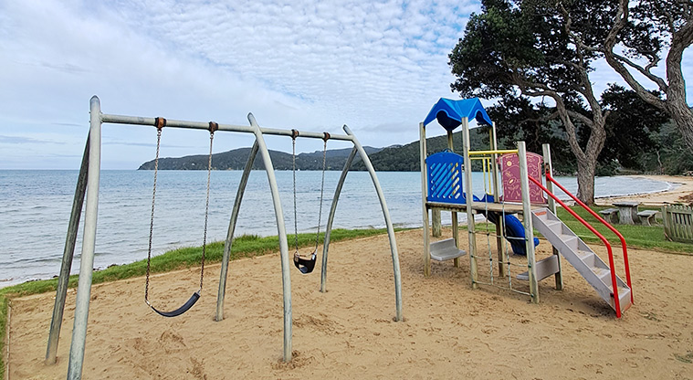 Gooseberry Flat - Play module and swing set with Puriri Bay in the background.
