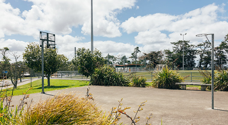 Greville Reserve - Basketball court with the sports fields in the background. Photo credit: J Farnworth.