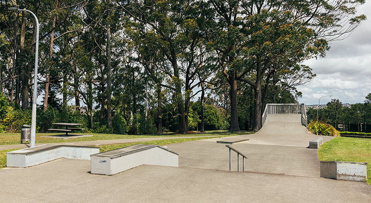 Greville Reserve - Part of the skate park showing boxes, rails, steps and ramps. Photo credit: J Farnworth.
