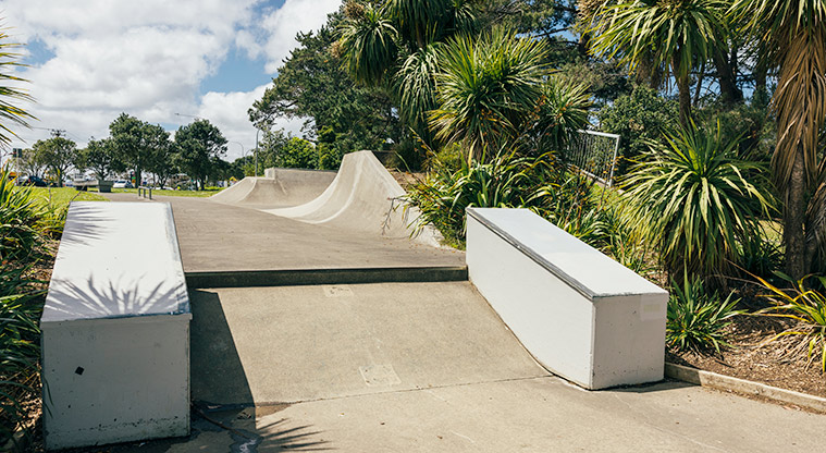 Greville Reserve - Part of the skate park showing boxes, ledges, ramps and rails. Photo credit: J Farnworth.