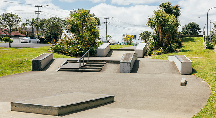 Greville Reserve - Part of the skate park showing boxes, ramps, steps and rails. Photo credit: J Farnworth.