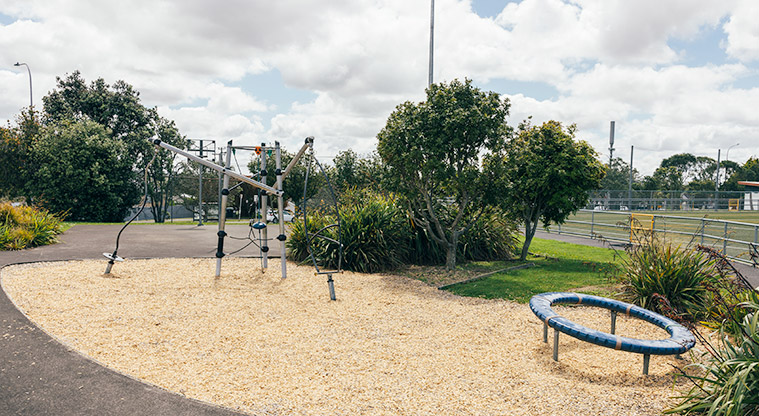 Greville Reserve - Blue spinning wheel and the climbing frame with trees and the basketball half-court in the background. Photo credit: J Farnworth.
