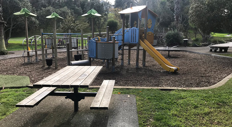 Grey Lynn Park - Picnic table with the playground in the background.