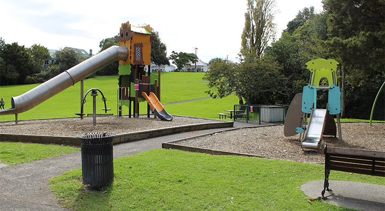 Gribblehirst Park – Climbing equipment and slides at the lower playground.