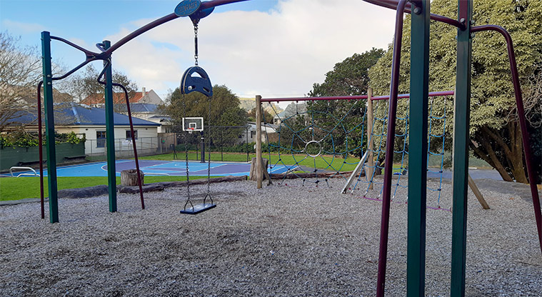 Gribblehirst Park – Upper playground with climbing nets and swing.
