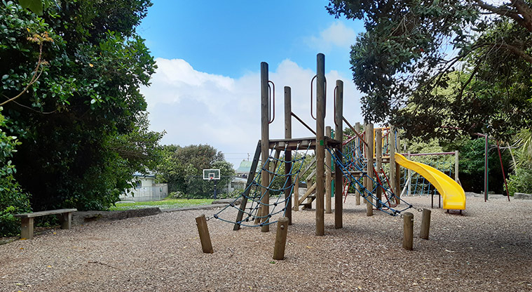 Gribblehirst Park – Upper playground with slide, climbing nets and balance rope.