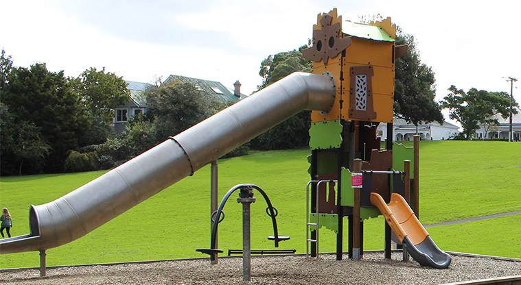 Gribblehirst Park – Climbing tower and slides at the lower playground.