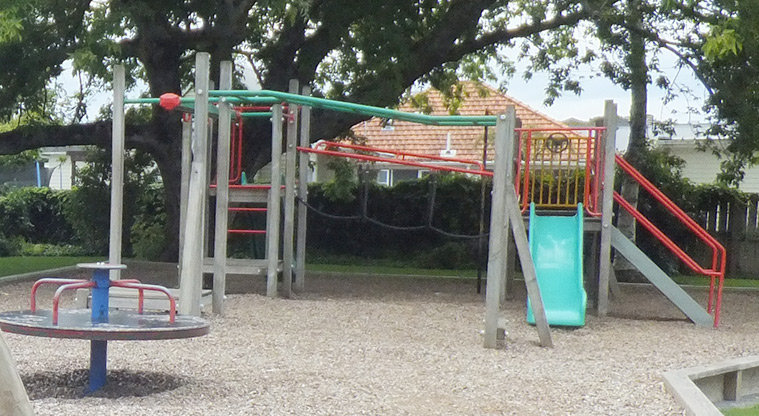 Harbutt Reserve - Playground made up of a wooden structure with steps, ladders, walking bridges and two slides, swings and spinner. Photo credit: J Grigg.