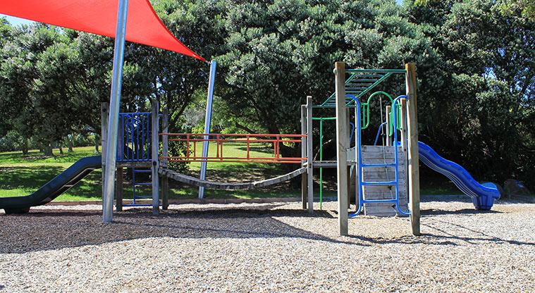 Hardley Reserve - Playground with climbing wall, ladders, wobbly bridge and slides. Photo credit: M Loubser.