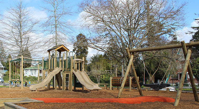 Harold Moody Reserve - Playground with a swing set, play module with slides and climbing equipment, and rope swings.