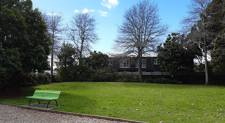 Harwood Reserve - One of the seats with an open grassed area in the background. Photo credit: S Hulse.