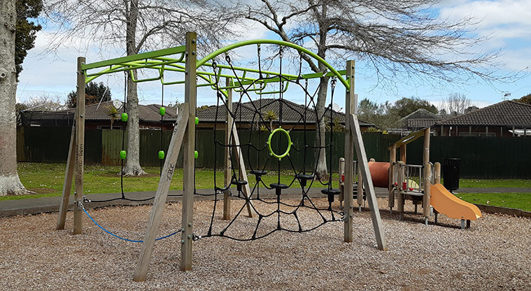 Harwood Reserve - Junior play module with the climbing net and rope swings in the background. Photo credit: S Hulse.
