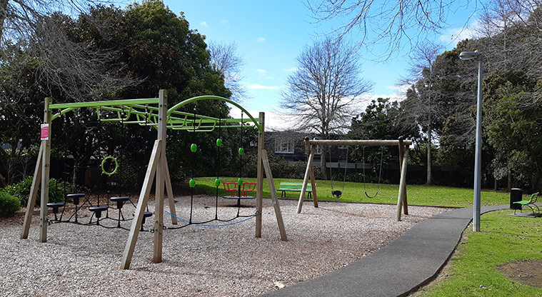 Harwood Reserve - Climbing nets and rope swings, with a swing set in the background. Photo credit: S Hulse.