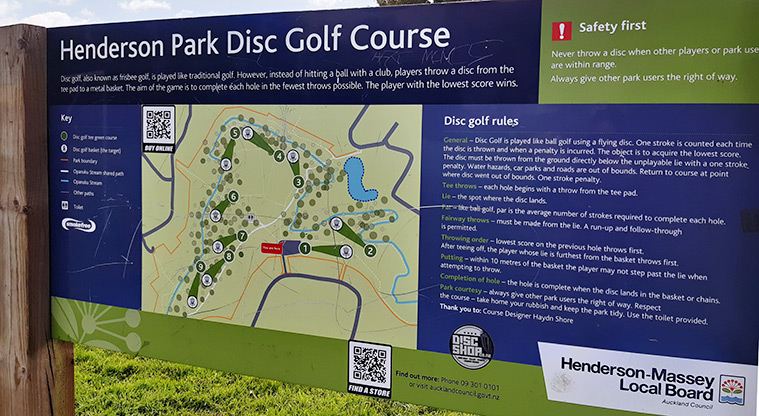 Henderson Park - Board showing the disc golf course and rules of use.