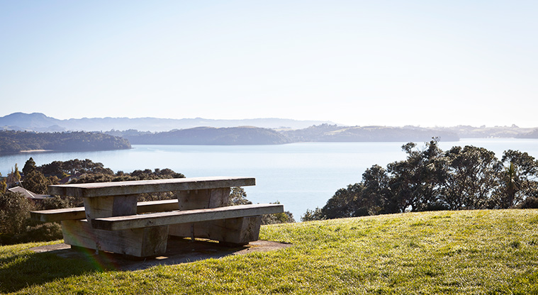 Higfield Garden Reserve - Picnic table and view over Algies Bay. Photo credit: Jay Farnworth.