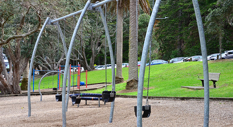 Hinemoa Park - Set of four swings with a baby swing in the background. Photo credit: Aleksandar Ćirilović.