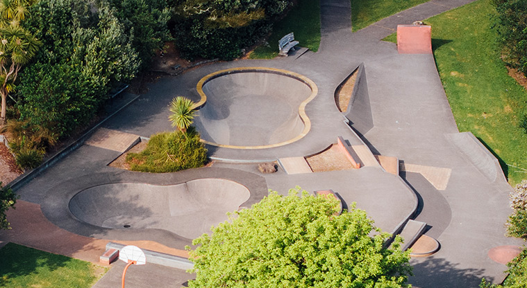Hooton Reserve - Drone shot of the skate park showing the bowls and other components. Photo credit: Jay Farnworth.