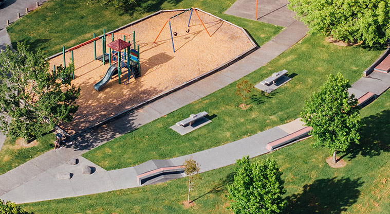Hooton Reserve - Drone shot showing the playground, seating, open grassed space and some of the skate equipment. Photo credit: Jay Farnworth.