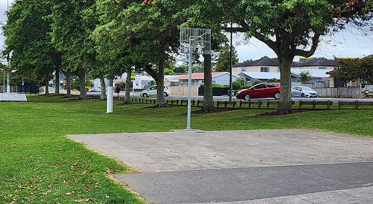 Howick Domain - Basketball court with trees and open grassed space in the background.