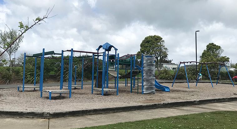 Huapai Recreation Reserve - Climbing and swinging equipment, ramps and slide, and a set of swings.
