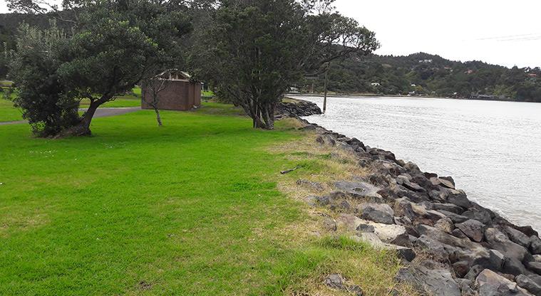 Huai Domain - Toilets and trees on the edge of Huia Bay.