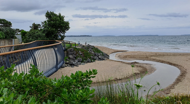 Poa Taniwha / Huntly Road Reserve – A bridge crossing over the beach. Photo credit: M Woodside.